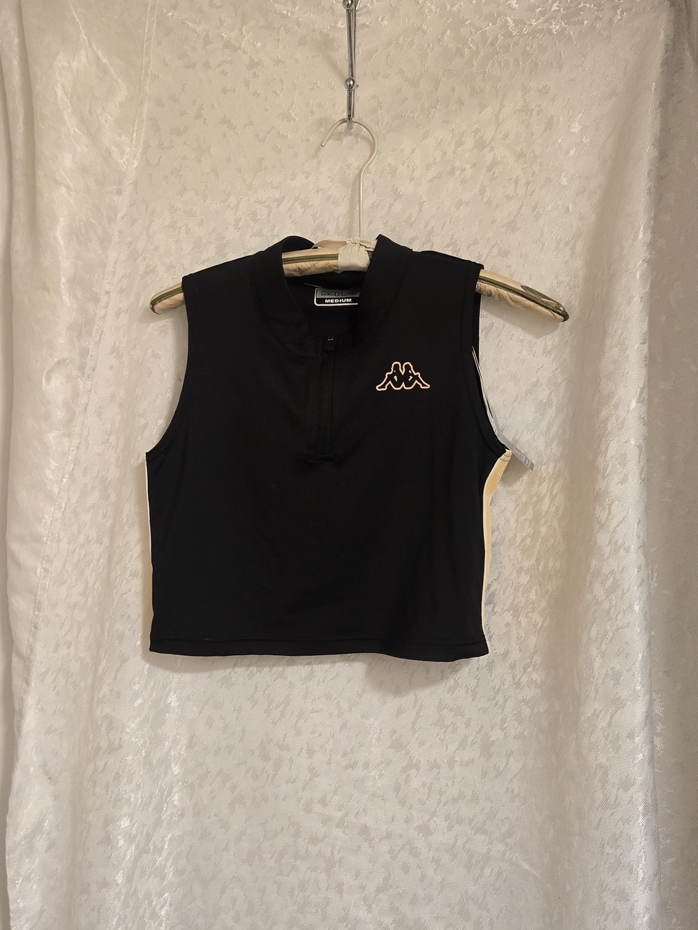 Kappa Women's Black Sleeveless Cropped Zip-Front Top with Cream Side Panels